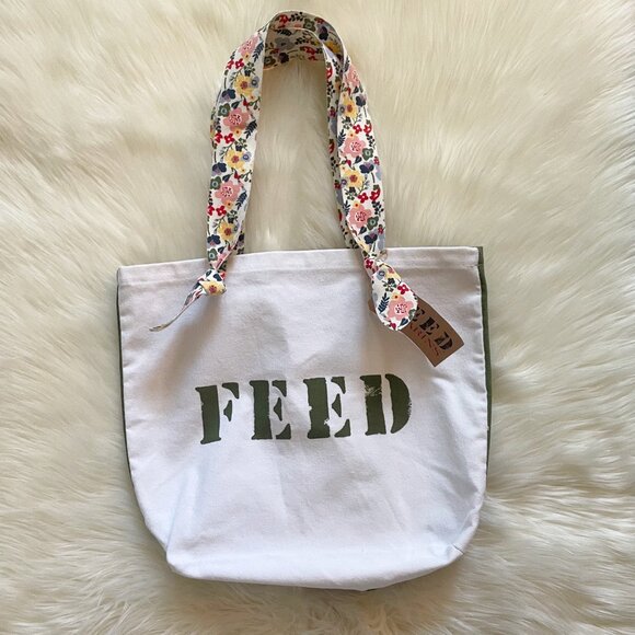 NEW Feed Project x Clarins Cream Army Khaki Green Floral Strap Cotton Tote Bag - Picture 1 of 7